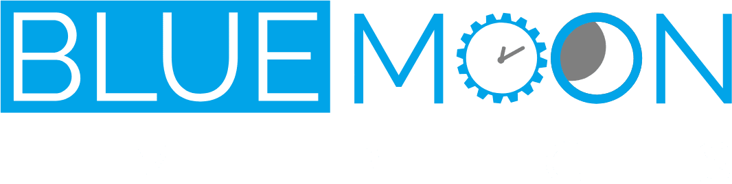 A logo with blue and white text on a transparent background.