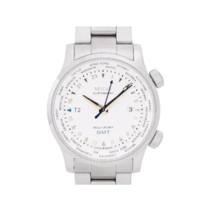Sleek silver wristwatch with a white dial and black hands.
