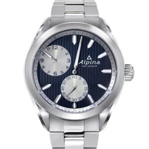 Silver wristwatch with black dial and dual subdials.