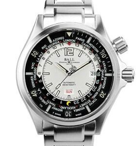 A luxury silver wristwatch with a detailed black and white dial.