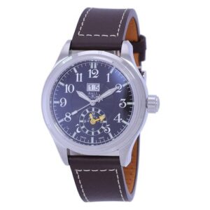 Classic wristwatch with brown leather strap and silver casing.