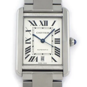 A Cartier stainless steel wristwatch with Roman numerals.