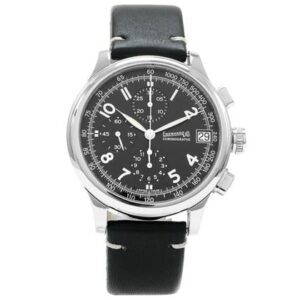Elegant black dial wristwatch with leather strap and chronograph features.