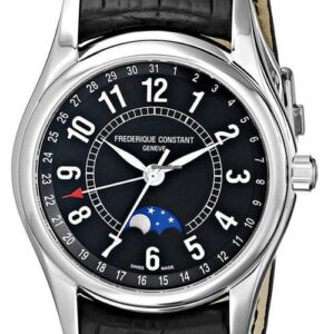 Classic wristwatch with black dial and moon phase indicator.