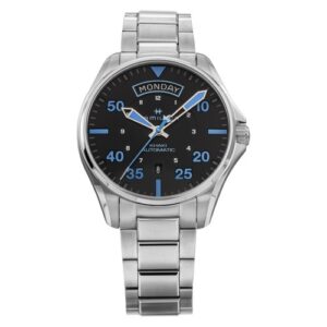 Silver wristwatch with black dial and metal strap.