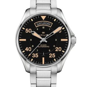 Elegant stainless steel wristwatch with black dial and silver markers.