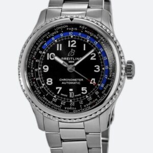 Elegant stainless steel wristwatch with black dial and blue accents.