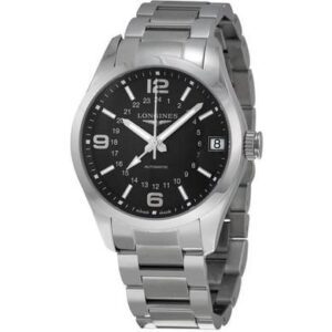 Elegant silver wristwatch with black dial and metal band.