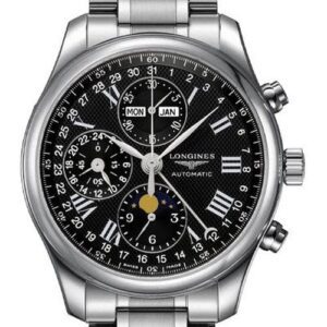 Luxury stainless steel chronograph watch with black dial and multiple subdials.