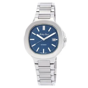 Silver wristwatch with blue dial and metal band.