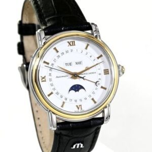 Elegant wristwatch with moon phase and black leather strap.
