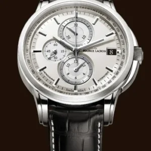 Elegant silver wristwatch with black leather strap and chronograph features.