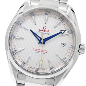 Omega Seamaster wristwatch with silver strap and white dial.