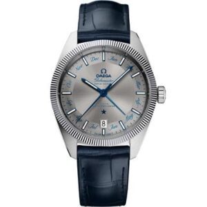 Elegant Omega wristwatch with a silver textured dial and blue leather strap.