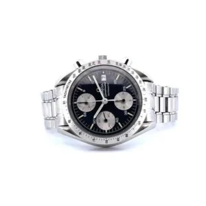 Silver wristwatch with black dial and three subdials.