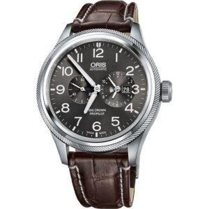 Elegant wristwatch with brown leather strap and black dial.