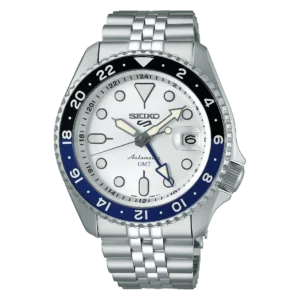 A Seiko wristwatch with a stainless steel bracelet and black-blue bezel.
