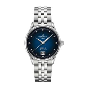 Elegant silver wristwatch with a blue dial and date display.