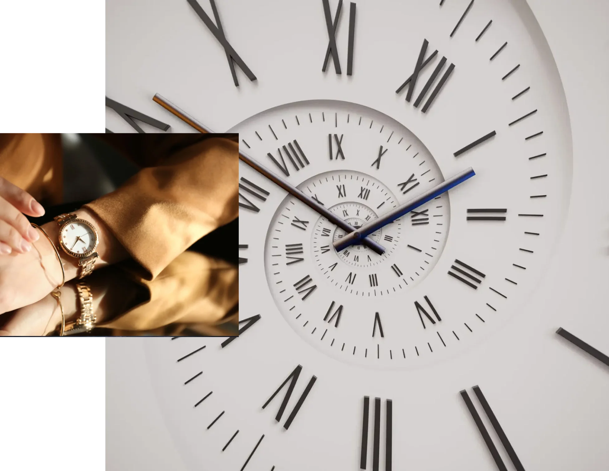 A spiral clock face with an inset image of a person wearing a watch.