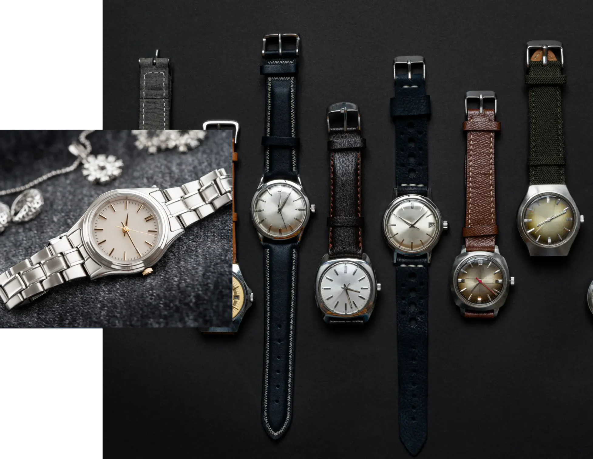 A collection of five vintage wristwatches with different bands.