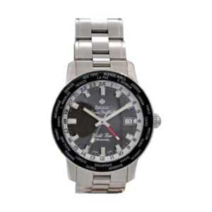 Silver wristwatch with a black bezel and metal band.